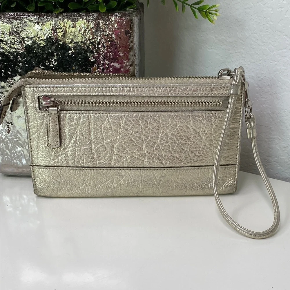 Coach Wristlet Metallic Champagne Leather‎
